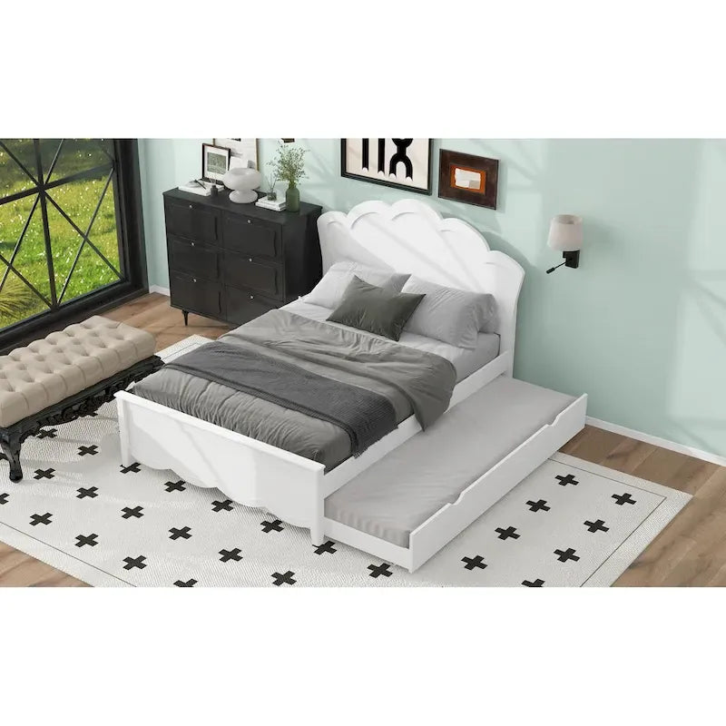 White Full Size Modern Wood Platform Bed with Headboard & Twin Trundle