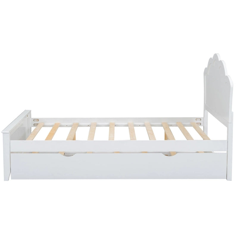 White Full Size Modern Wood Platform Bed with Headboard & Twin Trundle