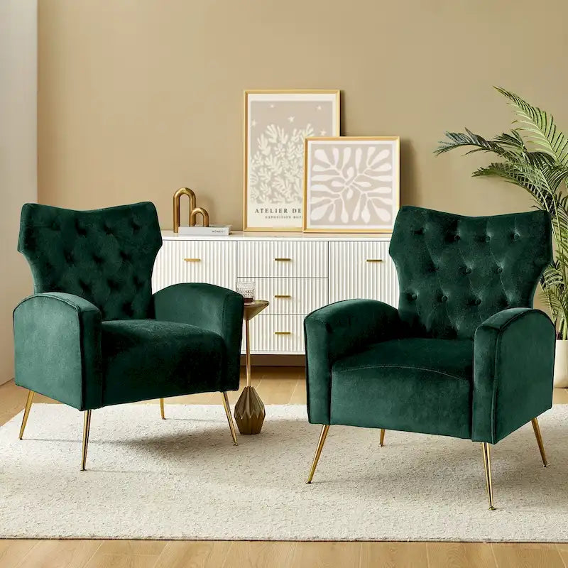 Danita Contemporary Velvet Wingback Tufted Chair With Gold Flared Metal Legs Set Of 2 by HULALA HOME