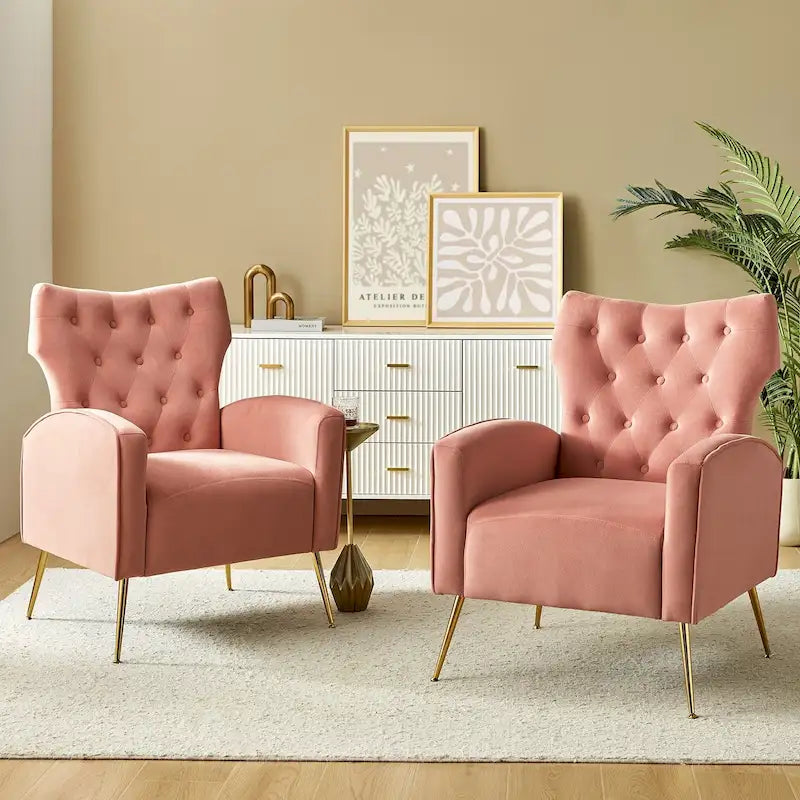 Danita Contemporary Velvet Wingback Tufted Chair With Gold Flared Metal Legs Set Of 2 by HULALA HOME