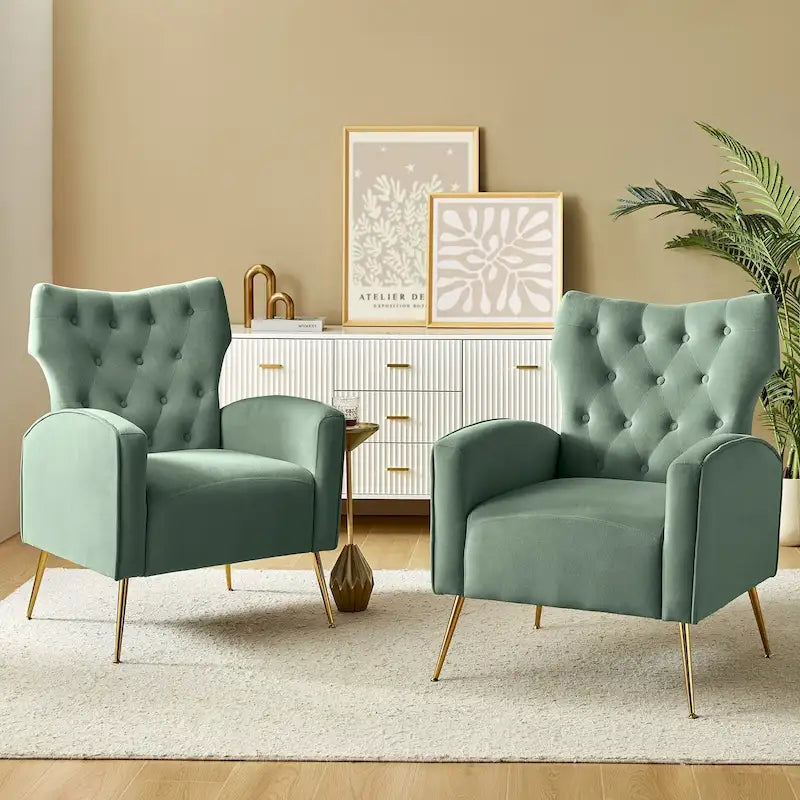 Danita Contemporary Velvet Wingback Tufted Chair With Gold Flared Metal Legs Set Of 2 by HULALA HOME