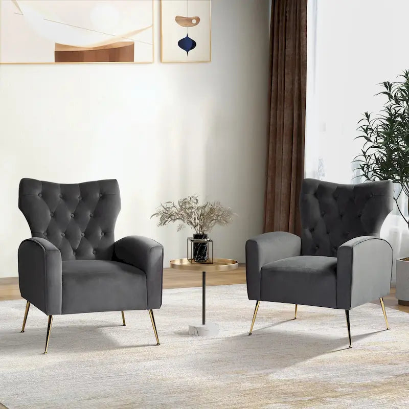 Danita Contemporary Velvet Wingback Tufted Chair With Gold Flared Metal Legs Set Of 2 by HULALA HOME