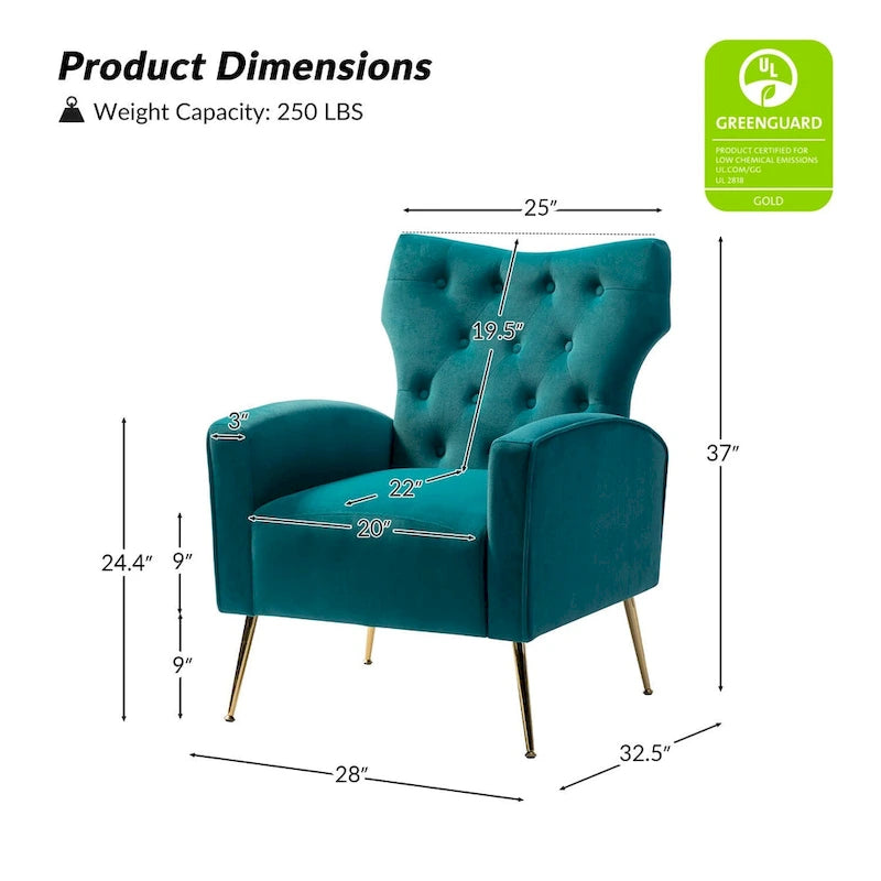 Danita Contemporary Velvet Wingback Tufted Chair With Gold Flared Metal Legs Set Of 2 by HULALA HOME