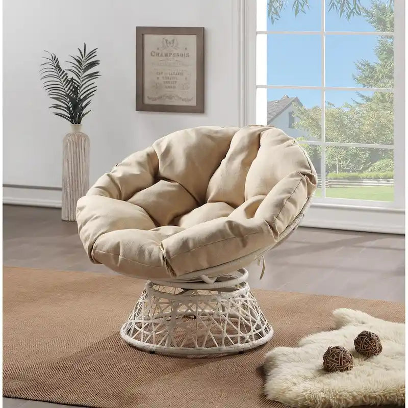 Papasan Chair with Round Pillow Cushion and Cream Wicker Weave