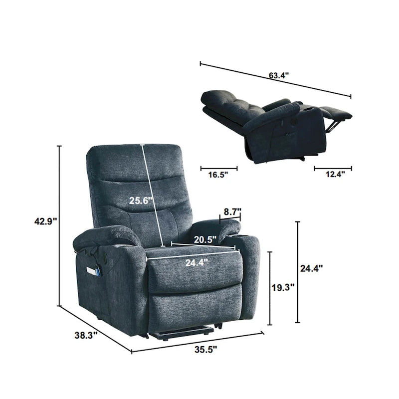 Liyasi Electric Power Lift Recliner Chair with Massage and Heat for Elderly, 3 Positions, 2 Side Pockets, Cup Holders, USB Char