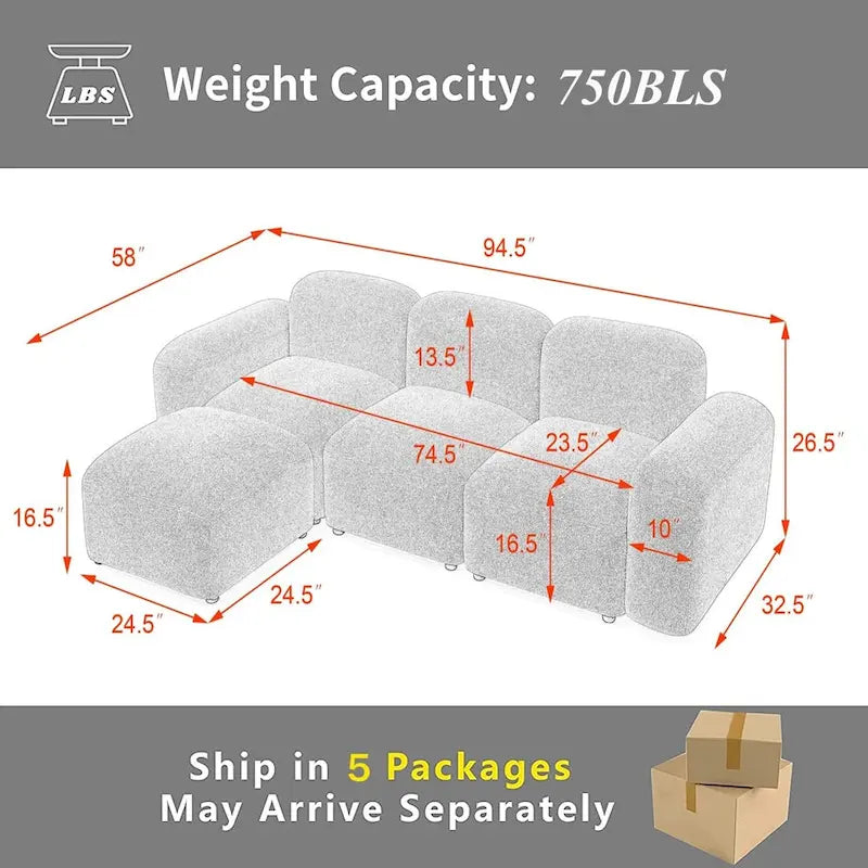 Modern Modular L-Shape Sectional Sofa Set, DIY Combination, 3 Seat Upholstered Couch with Chaise Lounge for Living Room