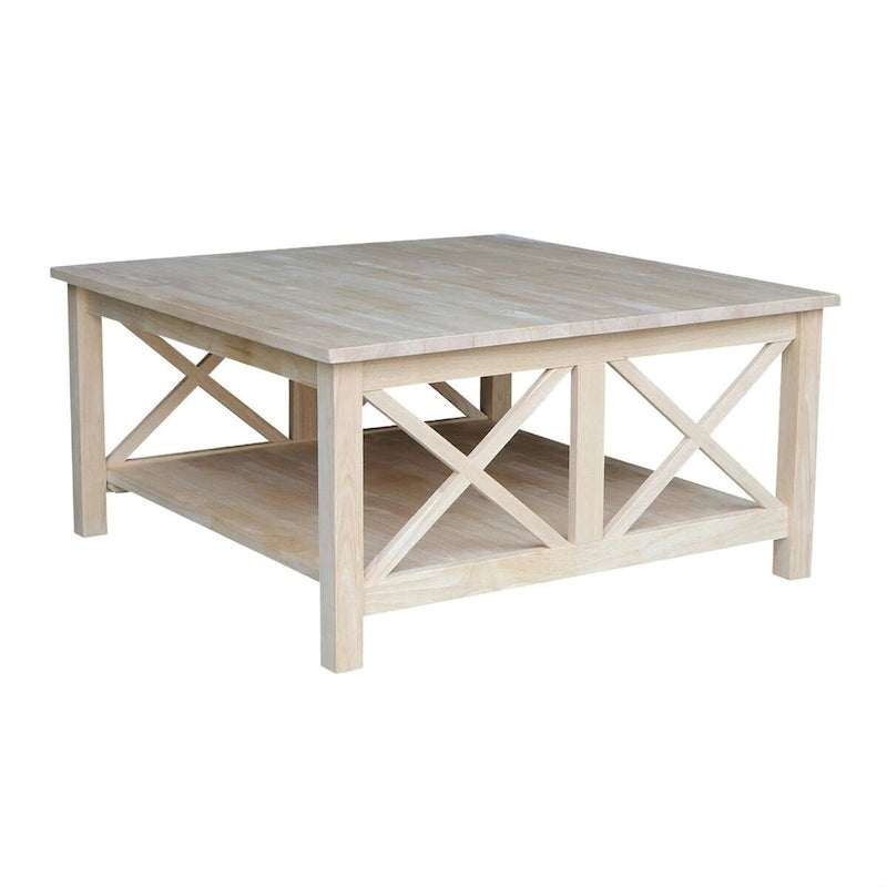 Square Unfinished Solid Wood Coffee Table with Bottom Shelf - 36 in. W x 36 in. D x 18 in. H.