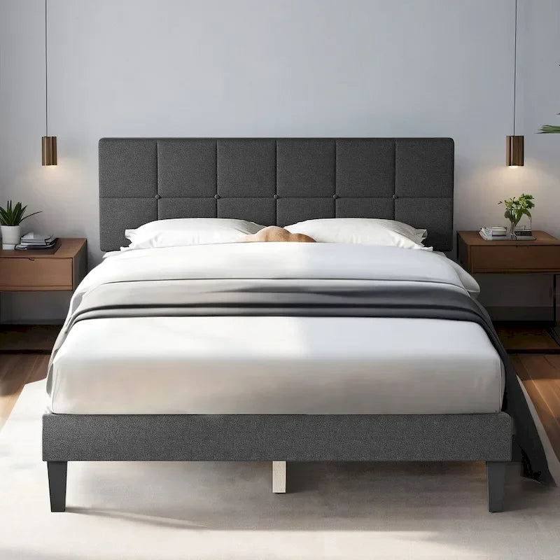 Linen Upholstered Platform Bed Wood Bed Frame with Headboard, No Box Spring Needed, Noise Free, T/F/Q Size