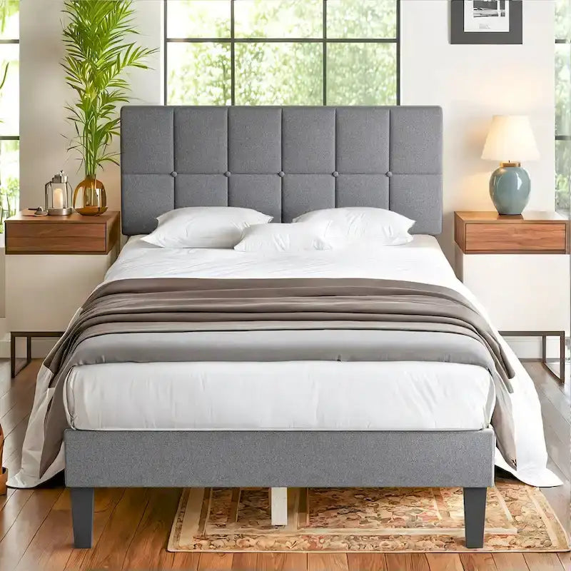 Linen Upholstered Platform Bed Wood Bed Frame with Headboard, No Box Spring Needed, Noise Free, T/F/Q Size