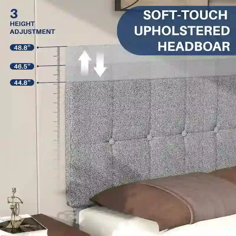 Linen Upholstered Platform Bed Wood Bed Frame with Headboard, No Box Spring Needed, Noise Free, T/F/Q Size