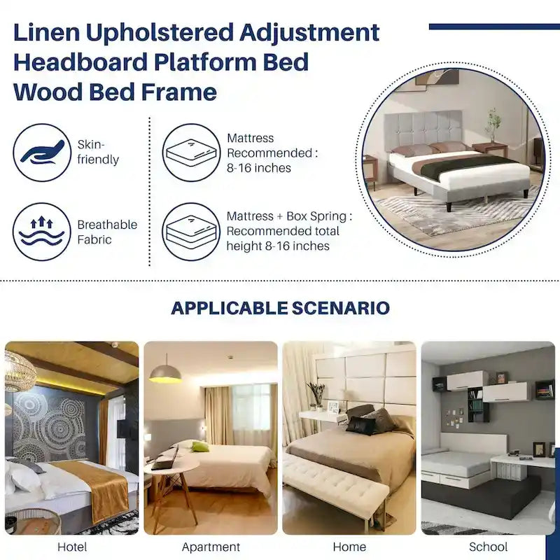 Linen Upholstered Platform Bed Wood Bed Frame with Headboard, No Box Spring Needed, Noise Free, T/F/Q Size