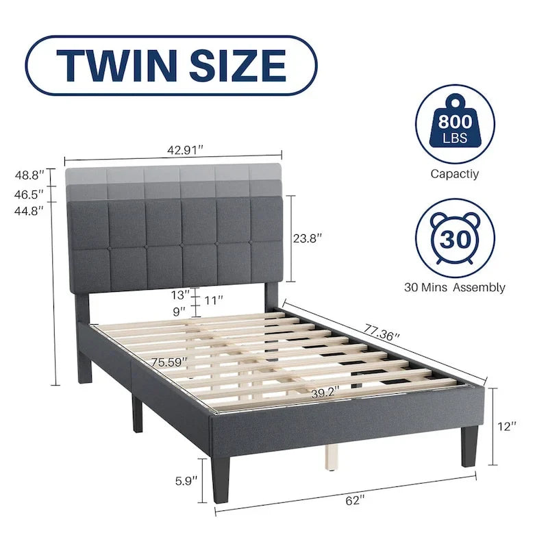 Linen Upholstered Platform Bed Wood Bed Frame with Headboard, No Box Spring Needed, Noise Free, T/F/Q Size