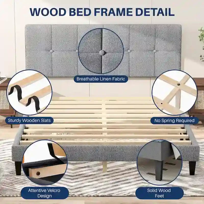 Linen Upholstered Platform Bed Wood Bed Frame with Headboard, No Box Spring Needed, Noise Free, T/F/Q Size