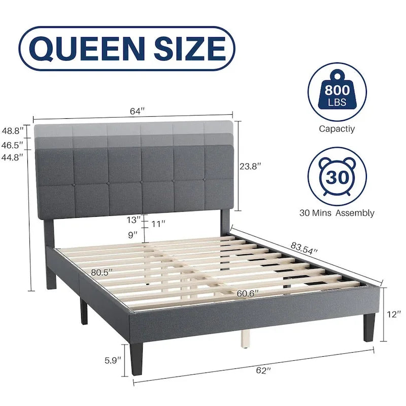 Linen Upholstered Platform Bed Wood Bed Frame with Headboard, No Box Spring Needed, Noise Free, T/F/Q Size