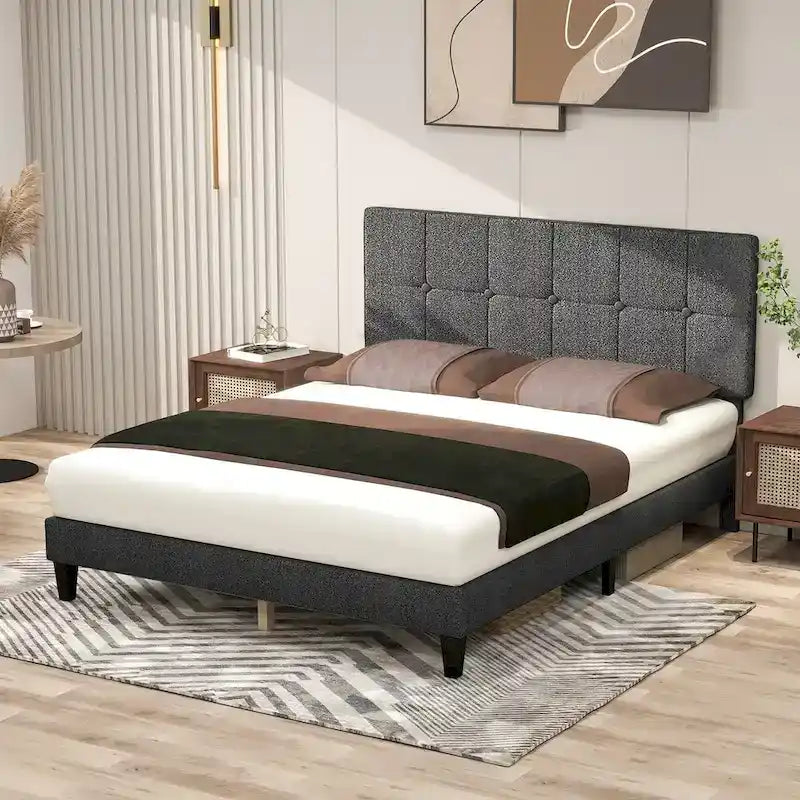 Linen Upholstered Platform Bed Wood Bed Frame with Headboard, No Box Spring Needed, Noise Free, T/F/Q Size