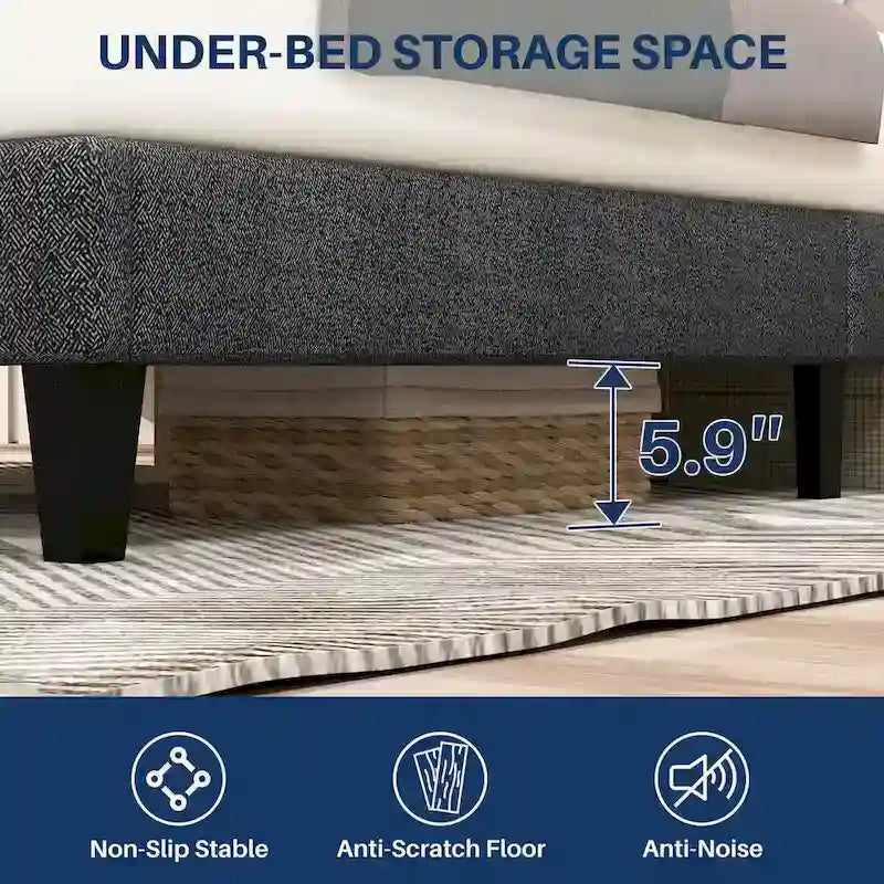Linen Upholstered Platform Bed Wood Bed Frame with Headboard, No Box Spring Needed, Noise Free, T/F/Q Size