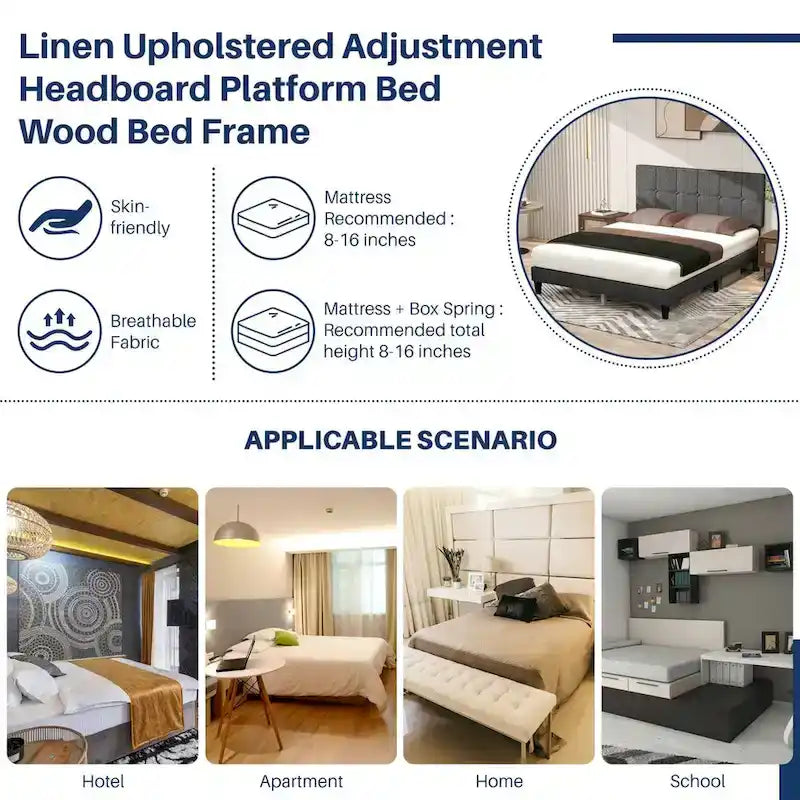 Linen Upholstered Platform Bed Wood Bed Frame with Headboard, No Box Spring Needed, Noise Free, T/F/Q Size