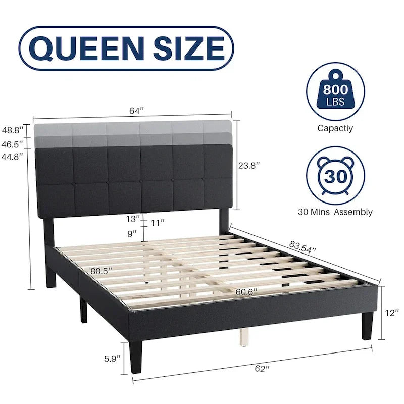 Linen Upholstered Platform Bed Wood Bed Frame with Headboard, No Box Spring Needed, Noise Free, T/F/Q Size