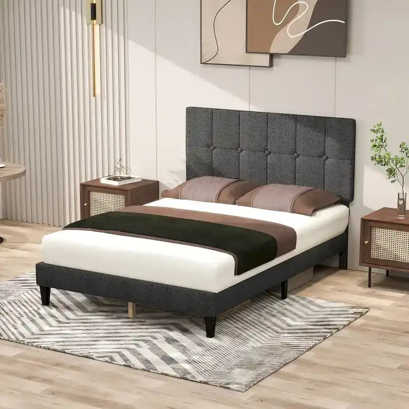 Linen Upholstered Platform Bed Wood Bed Frame with Headboard, No Box Spring Needed, Noise Free, T/F/Q Size