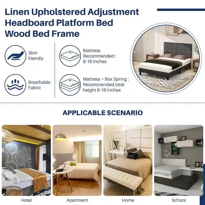 Linen Upholstered Platform Bed Wood Bed Frame with Headboard, No Box Spring Needed, Noise Free, T/F/Q Size