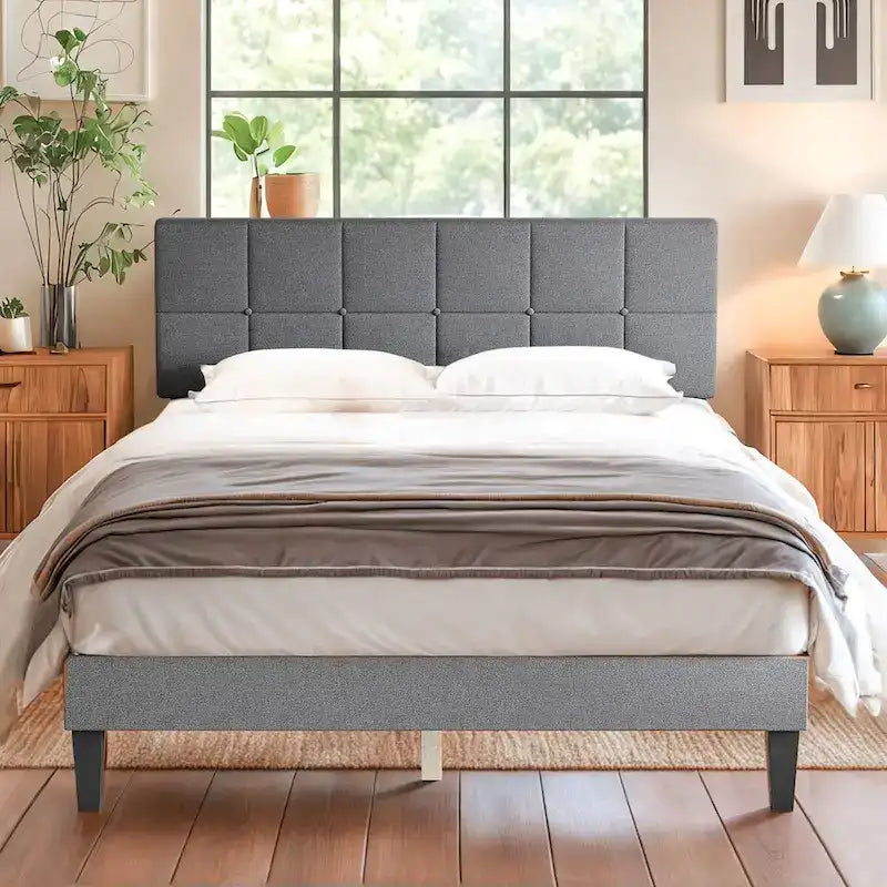 Linen Upholstered Platform Bed Wood Bed Frame with Headboard, No Box Spring Needed, Noise Free, T/F/Q Size
