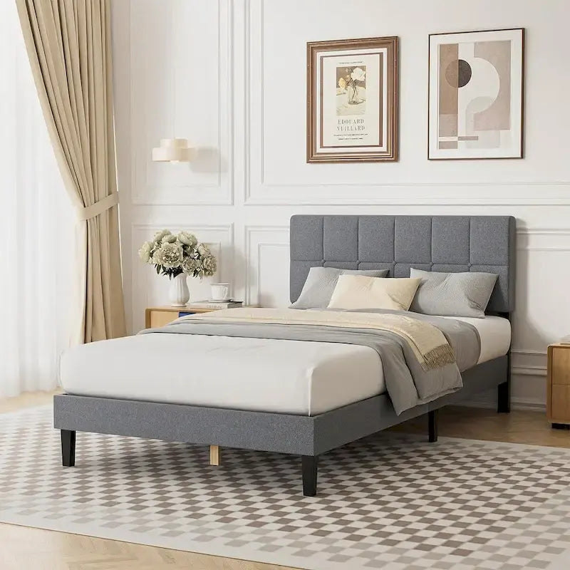 Linen Upholstered Platform Bed Wood Bed Frame with Headboard, No Box Spring Needed, Noise Free, T/F/Q Size
