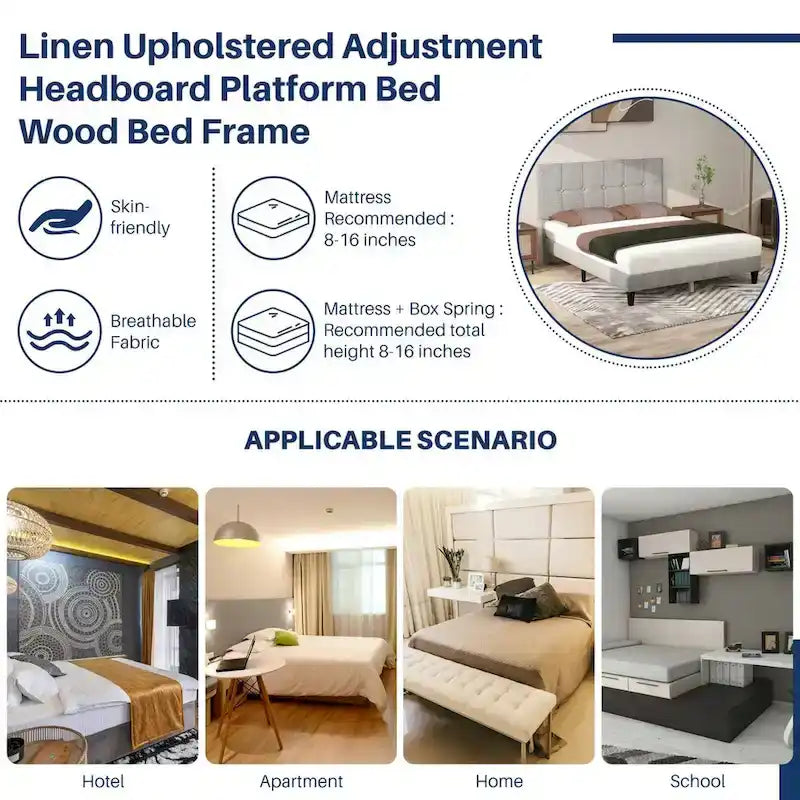 Linen Upholstered Platform Bed Wood Bed Frame with Headboard, No Box Spring Needed, Noise Free, T/F/Q Size