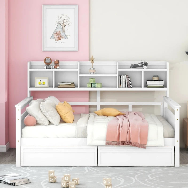 Full size Daybed, Wood Slat Support, with Bedside Shelf and Two Drawers