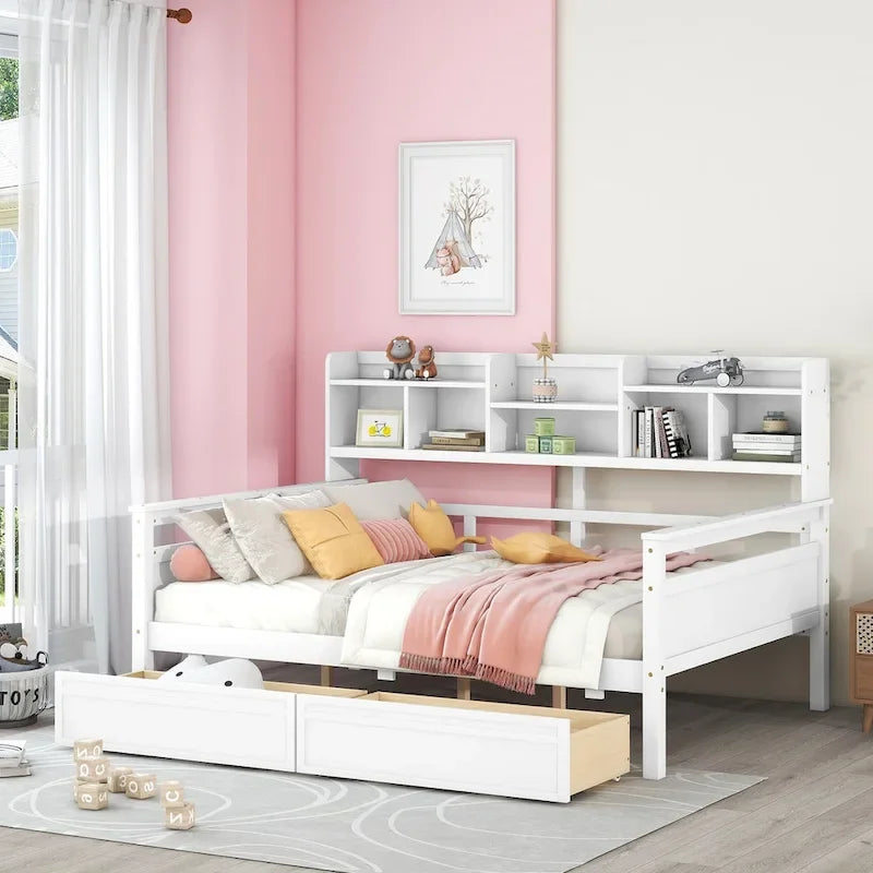 Full size Daybed, Wood Slat Support, with Bedside Shelf and Two Drawers