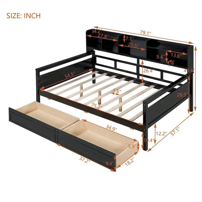 Full size Daybed, Wood Slat Support, with Bedside Shelf and Two Drawers