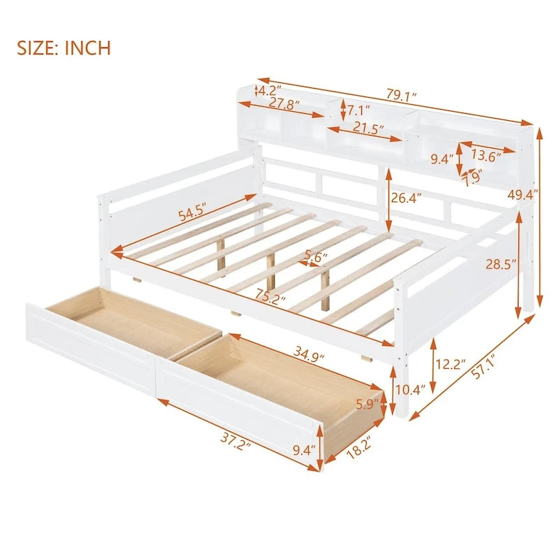 Full size Daybed, Wood Slat Support, with Bedside Shelf and Two Drawers