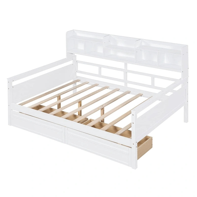 Full size Daybed, Wood Slat Support, with Bedside Shelf and Two Drawers