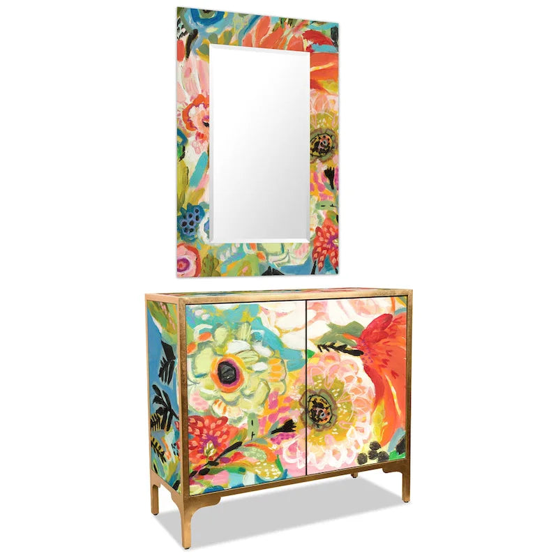 Secret Garden Floral Reverse Printed Beveled Art Glass Cabinet Console Table and Mirror Set