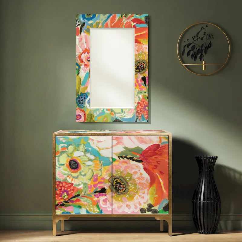 Secret Garden Floral Reverse Printed Beveled Art Glass Cabinet Console Table and Mirror Set