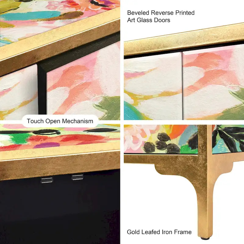 Secret Garden Floral Reverse Printed Beveled Art Glass Cabinet Console Table and Mirror Set