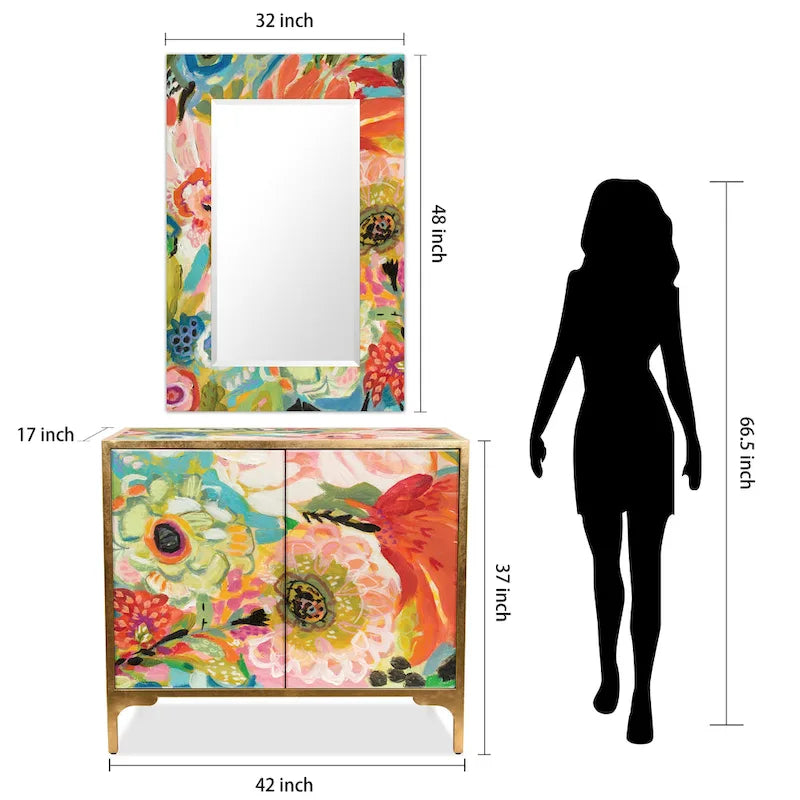 Secret Garden Floral Reverse Printed Beveled Art Glass Cabinet Console Table and Mirror Set