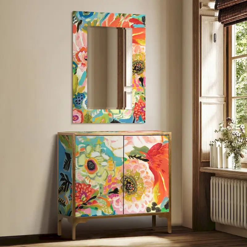 Secret Garden Floral Reverse Printed Beveled Art Glass Cabinet Console Table and Mirror Set