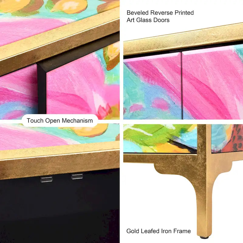 Secret Garden Floral Reverse Printed Beveled Art Glass Cabinet Console Table and Mirror Set