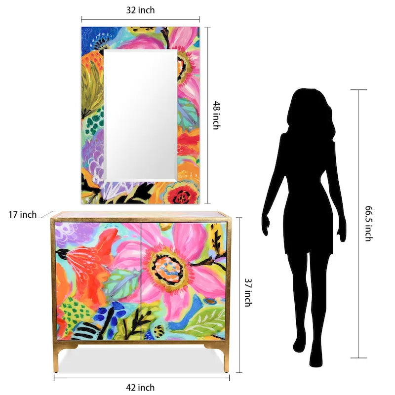 Secret Garden Floral Reverse Printed Beveled Art Glass Cabinet Console Table and Mirror Set