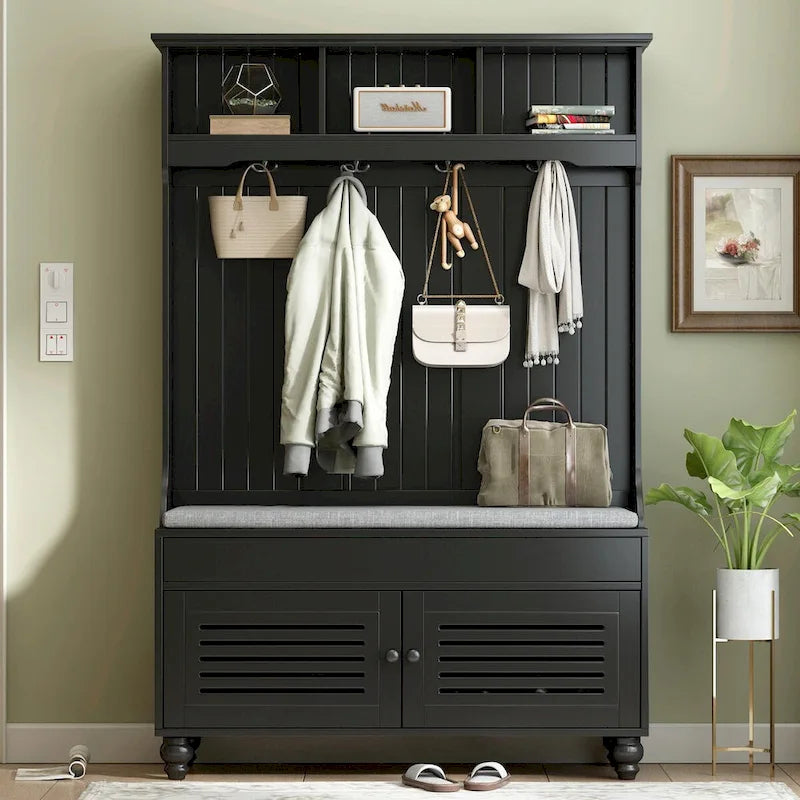 5-in-1 Entryway Bench with Shutter-shaped Doors, Coat Rack, Cushion and 4 Sturdy Hooks