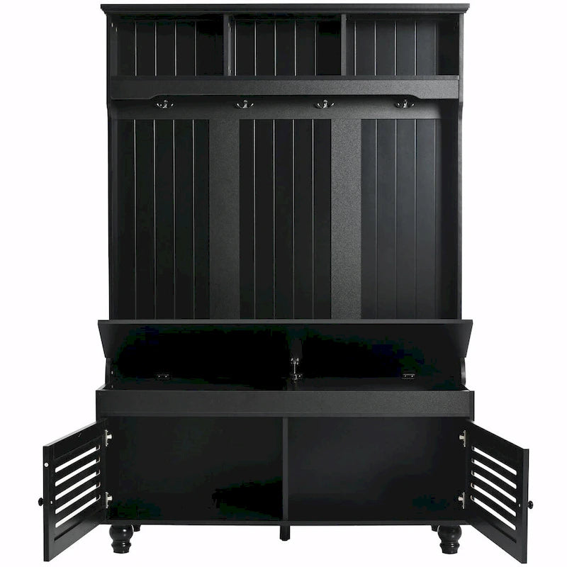 5-in-1 Entryway Bench with Shutter-shaped Doors, Coat Rack, Cushion and 4 Sturdy Hooks