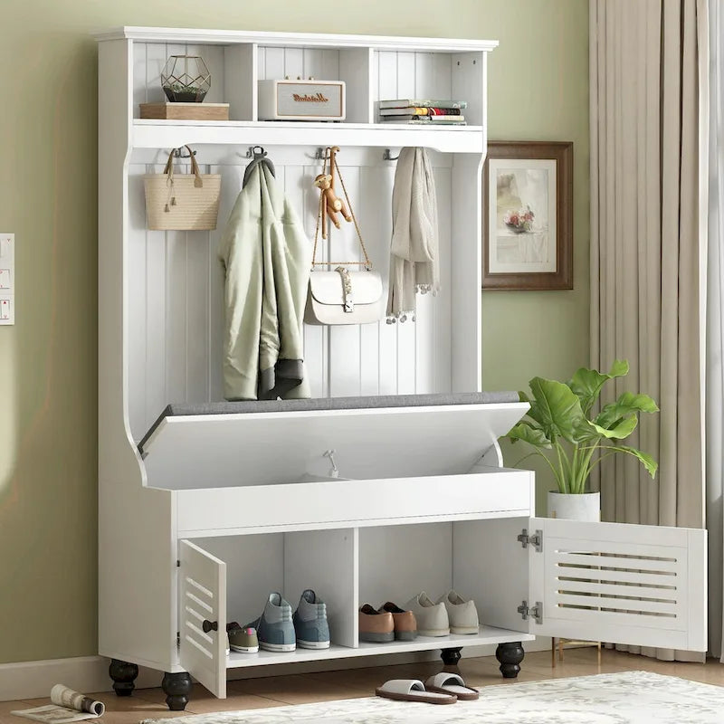 5-in-1 Entryway Bench with Shutter-shaped Doors, Coat Rack, Cushion and 4 Sturdy Hooks