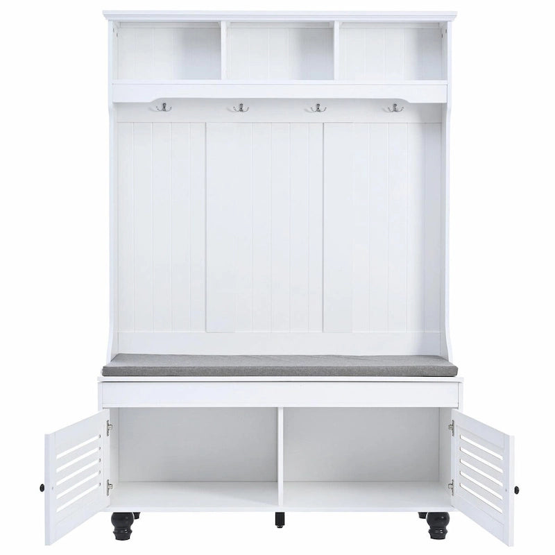 5-in-1 Entryway Bench with Shutter-shaped Doors, Coat Rack, Cushion and 4 Sturdy Hooks