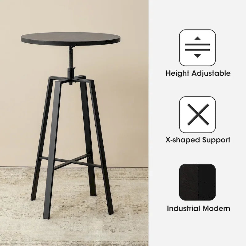 Glitzhome Industrial Wood Top Adjustable Swivel Round Pub Bar Table