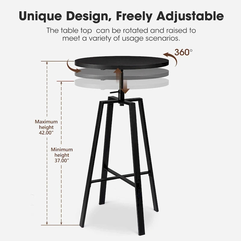 Glitzhome Industrial Wood Top Adjustable Swivel Round Pub Bar Table