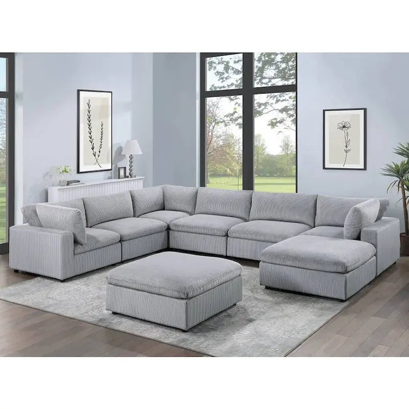8 Piece Corduroy Upholstered Modular Sectional Sofa with Ottoman