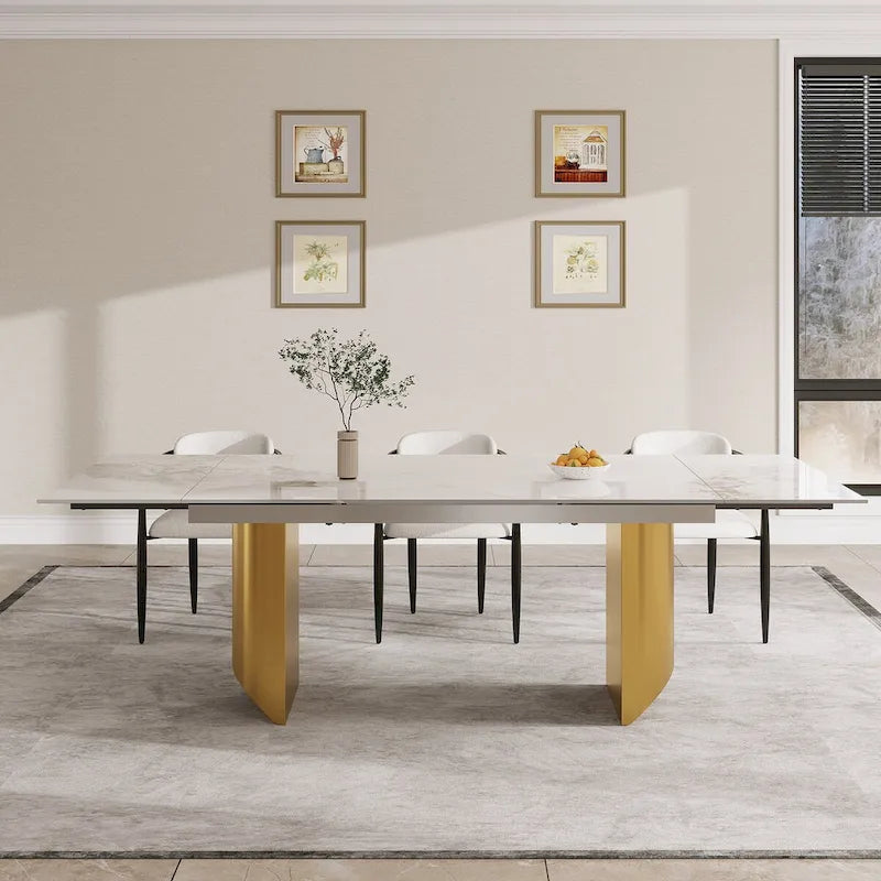 94.48 Inch Modern Minimalist 9 - Piece Extendable Sintered Stone Top Double Pedestal Dining Set