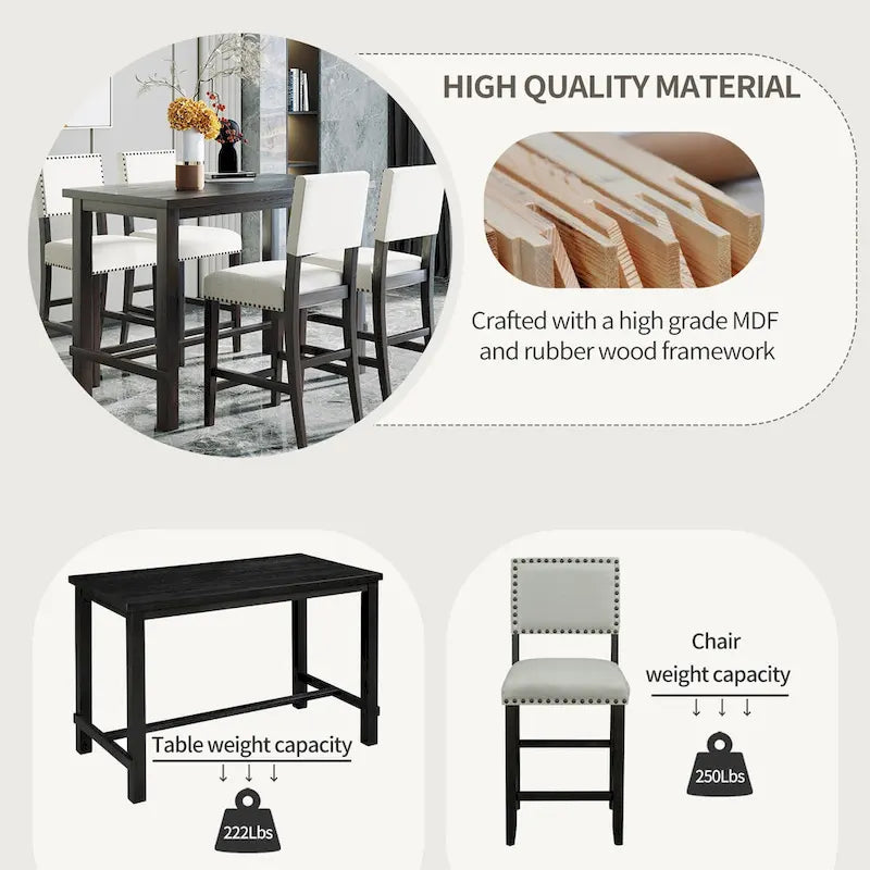 5-Piece Counter Height Dining Set with Table and 4 Chairs