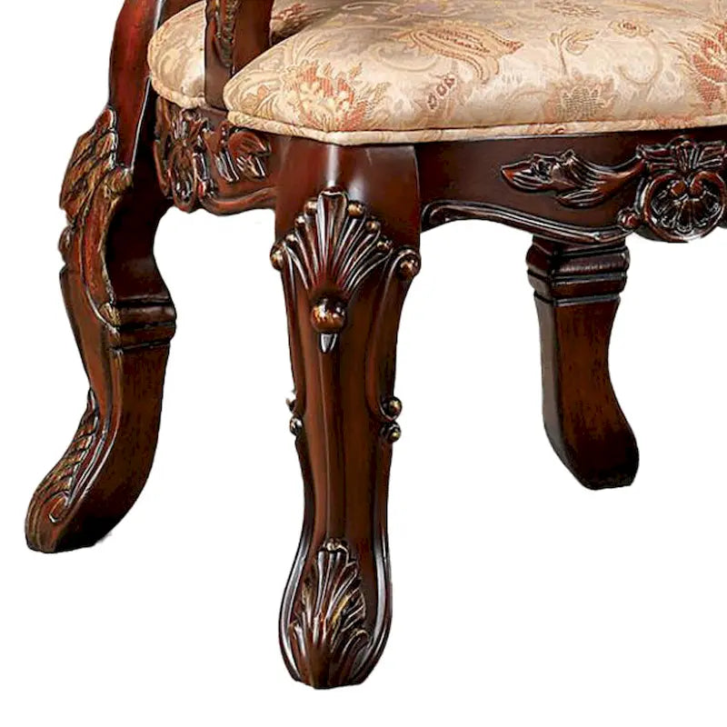 28 Inch Dining Side Chair Set of 2, Brown Wood Carved Back, Beige Fabric
