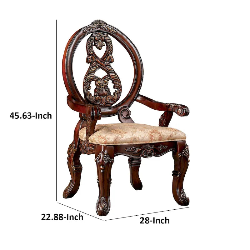 28 Inch Dining Side Chair Set of 2, Brown Wood Carved Back, Beige Fabric